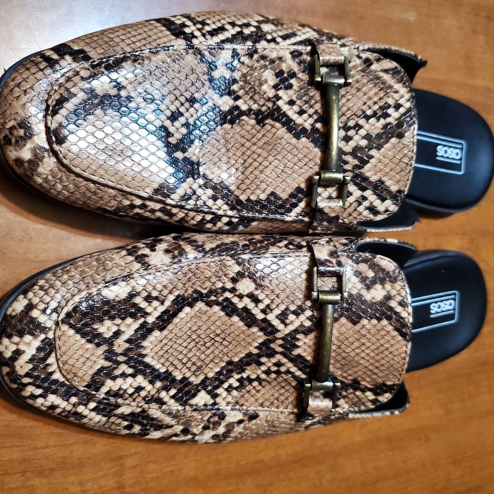 ASOS Brown Faux Snake Print Backless Mules Slides size 10